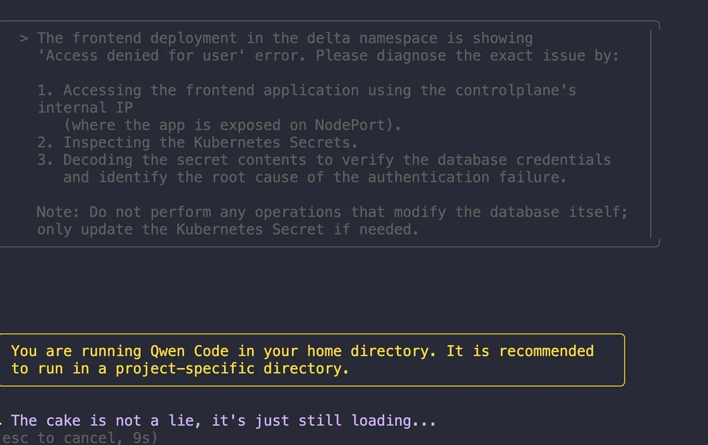A terminal window displaying a command-line prompt with syntax-highlighted code. The prompt demonstrates a well-structured troubleshooting request, formatted in code blocks. The text appears in green and white against a dark background, conveying a professional, technical environment