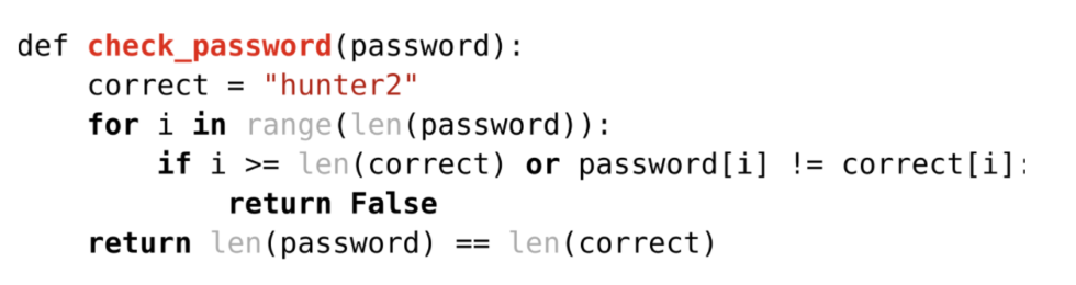 vulnerable code snippet to timing attack